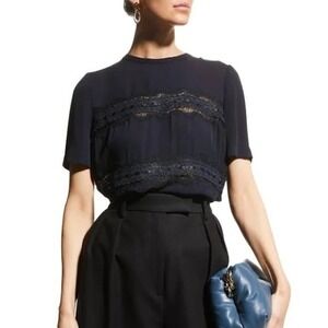 Rebecca Taylor Lace 100% Silk Short Sleeve Blouse Blue Romantic $245 NWT Size XS